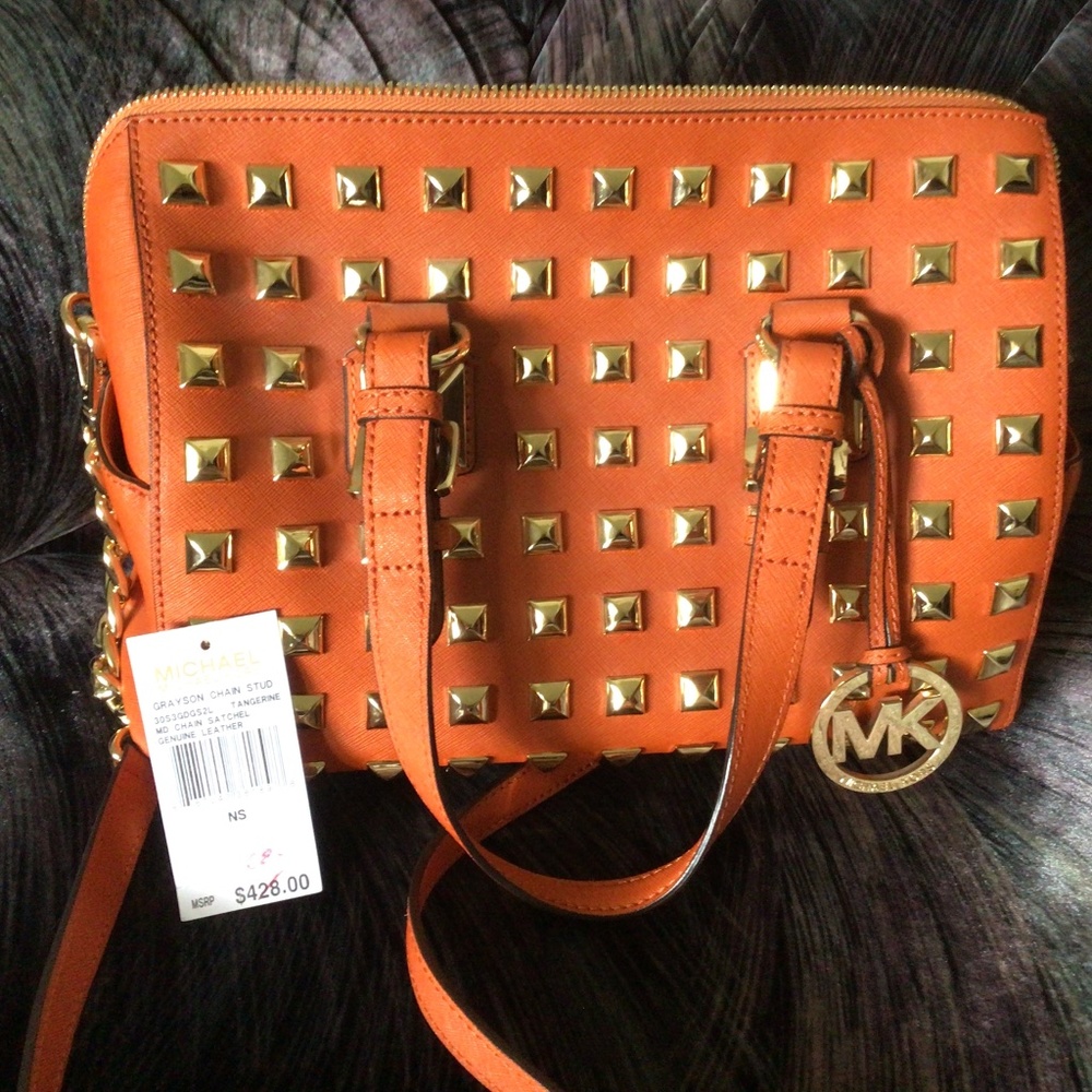 Michael Kors Tangerine Saffiano Leather Chain Stud Satchel new with tag